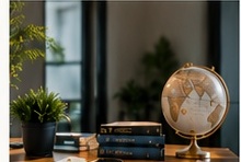 Globe, books and desk