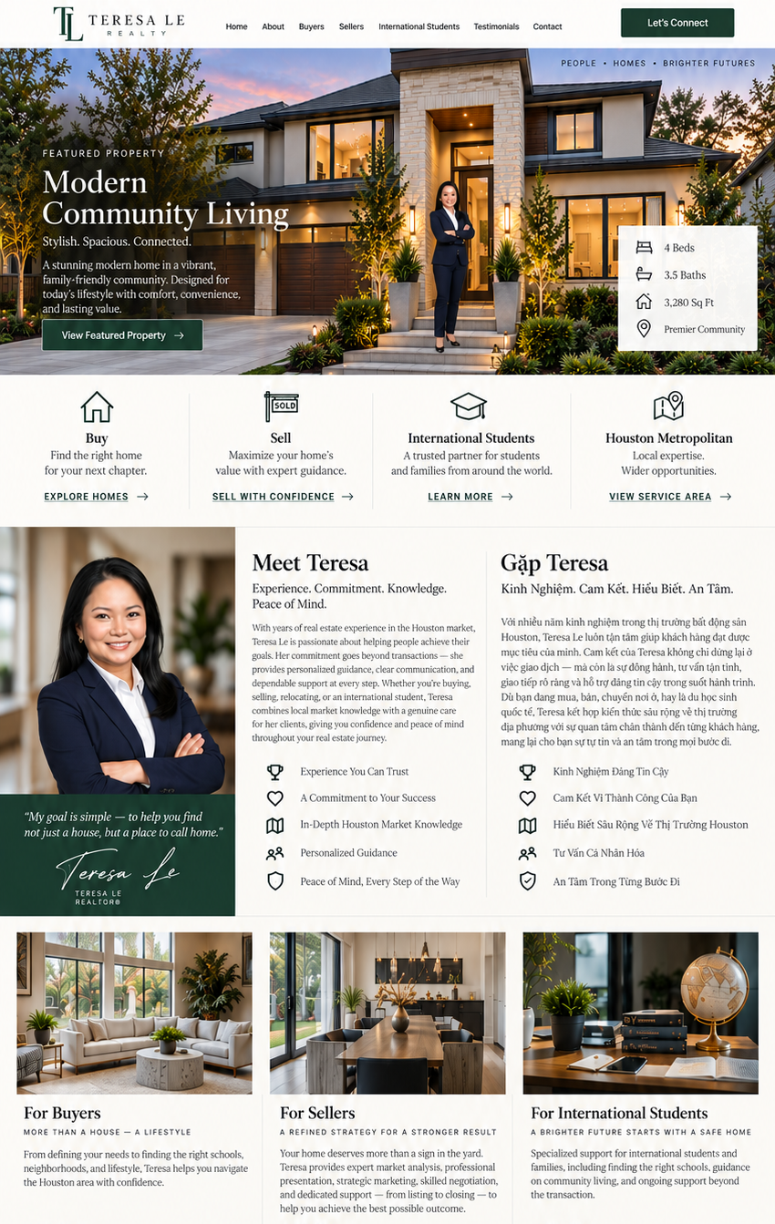 Teresa Le Realty website featuring buying, selling, international student support, Houston Metropolitan service area, Teresa Le's bilingual introduction, client review and contact information.